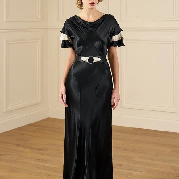 1930s Paramour Bias Cut Gown - Black & Ivory Satin - Picture 10 of 14